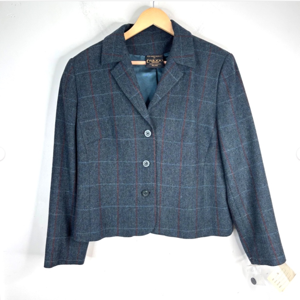 NWT Triona Design Blazer Jacket UK 16 Blue Wool Plaid Donegal Tweed Ireland Made